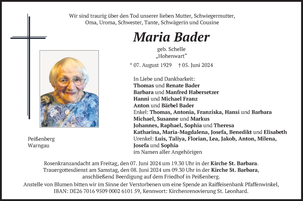  Traueranzeige für Maria Bader vom 07.06.2024 aus merkurtz