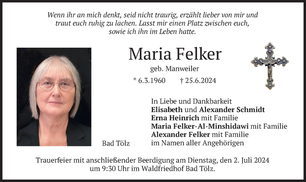  Traueranzeige für Maria Felker vom 27.06.2024 aus merkurtz