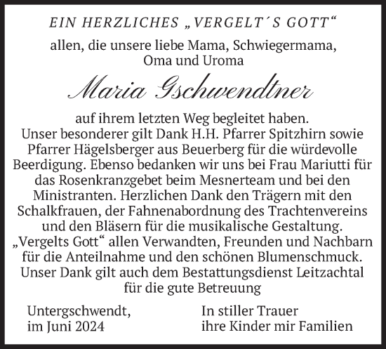 Traueranzeige von Maria Gschwendtner von merkurtz