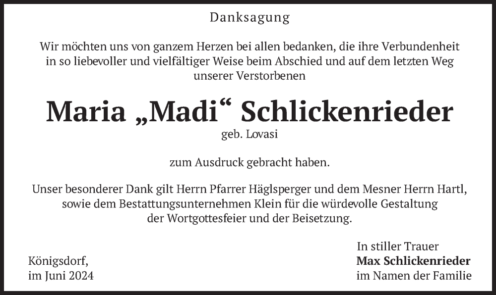  Traueranzeige für Maria  Schlickenrieder vom 08.06.2024 aus merkurtz