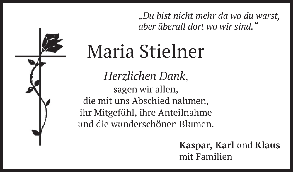  Traueranzeige für Maria Stielner vom 08.06.2024 aus merkurtz