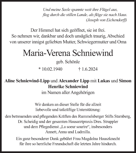 Traueranzeige von Maria-Verena Schniewind von merkurtz