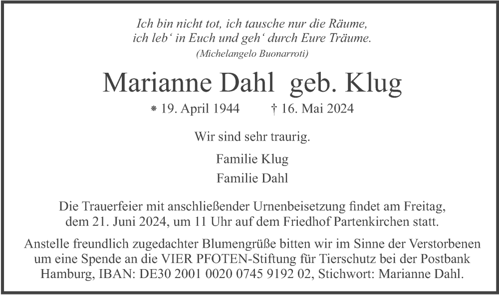  Traueranzeige für Marianne Dahl vom 15.06.2024 aus merkurtz