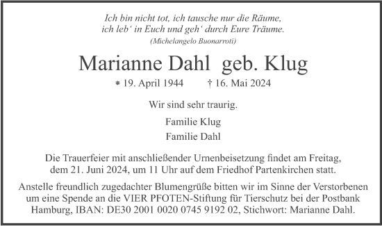 Traueranzeige von Marianne Dahl von merkurtz
