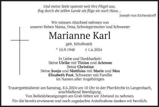 Traueranzeige von Marianne Karl von merkurtz