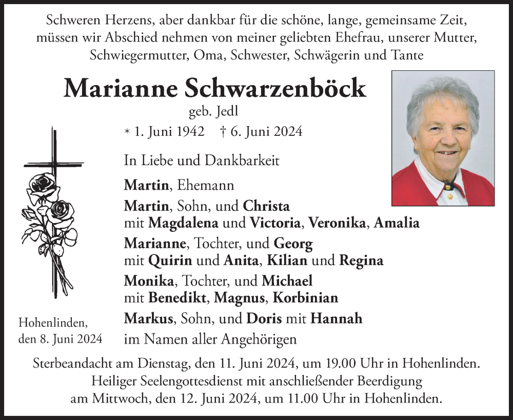  Traueranzeige für Marianne Schwarzenböck vom 08.06.2024 aus merkurtz
