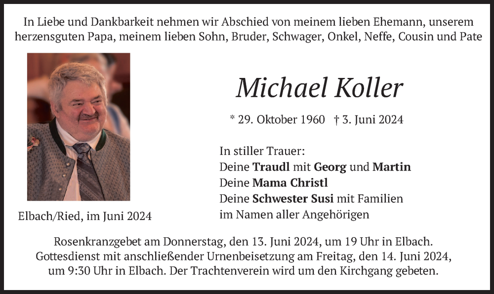  Traueranzeige für Michael Koller vom 12.06.2024 aus merkurtz