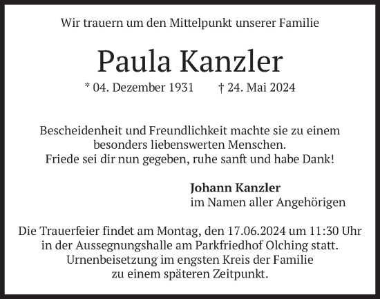 Traueranzeige von Paula Kanzler von merkurtz