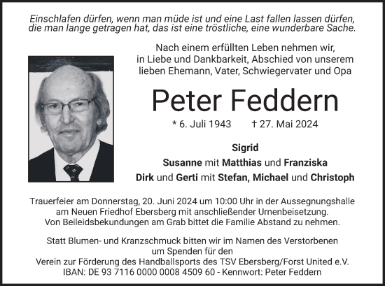 Traueranzeige von Peter Feddern von merkurtz