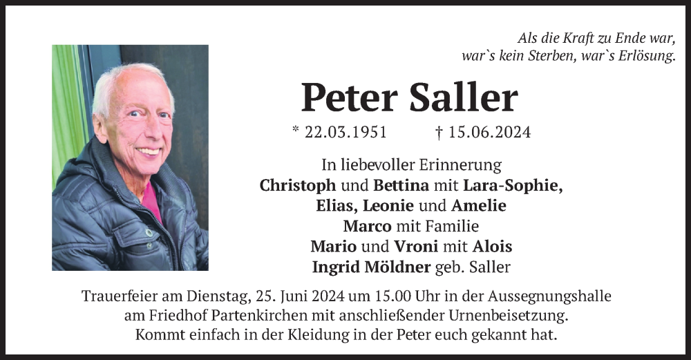  Traueranzeige für Peter Saller vom 22.06.2024 aus merkurtz