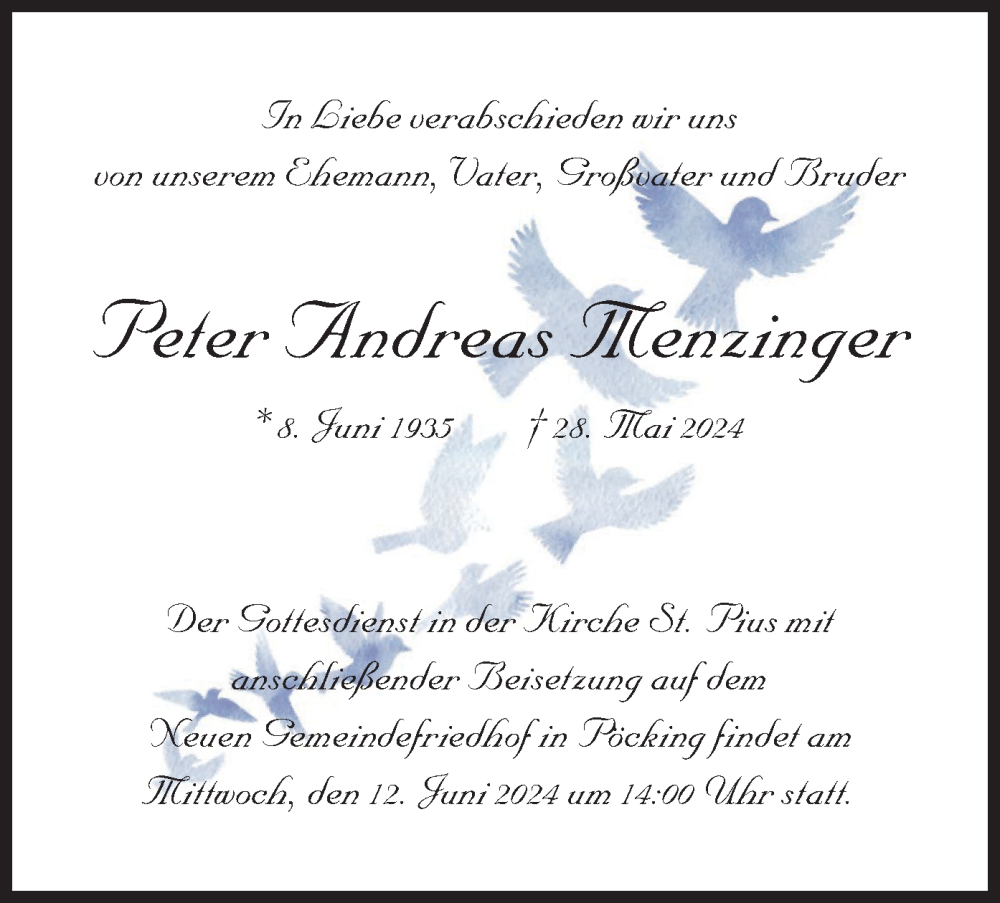  Traueranzeige für Peter Andreas Menzinger vom 08.06.2024 aus merkurtz