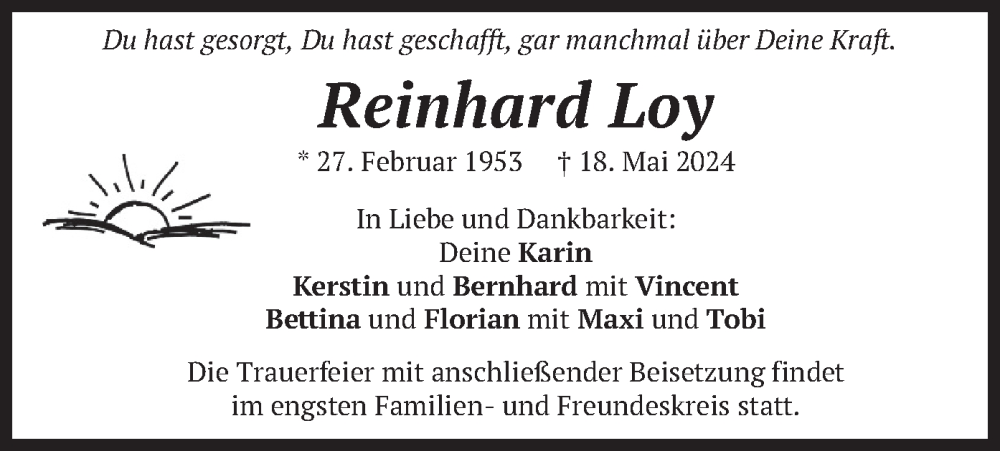  Traueranzeige für Reinhard Loy vom 08.06.2024 aus merkurtz