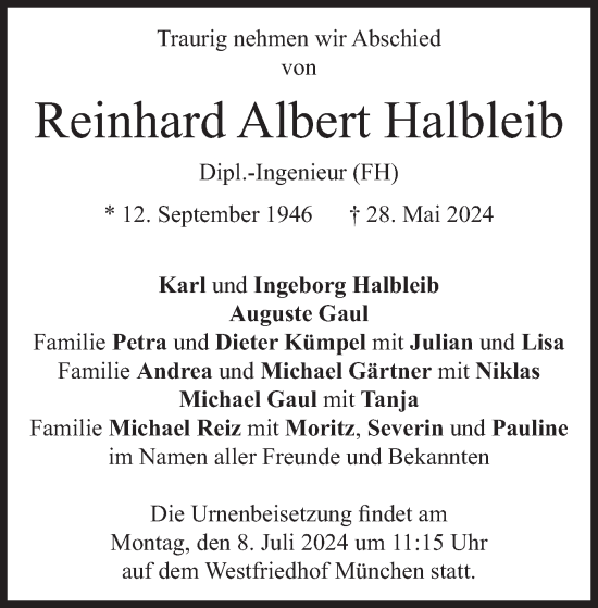 Traueranzeige von Reinhard Albert Halbleib von merkurtz
