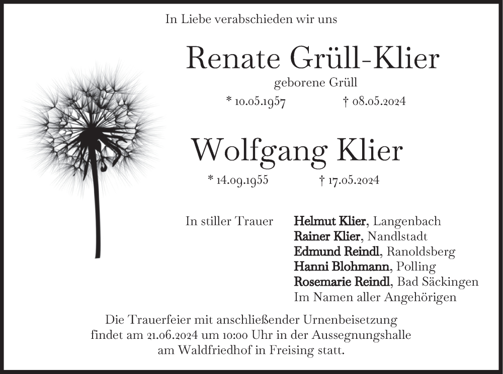  Traueranzeige für Renate und Wolfgang Grüll-Klier und Klier vom 15.06.2024 aus merkurtz