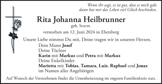 Traueranzeige von Rita Johanna Heilbrunner von merkurtz