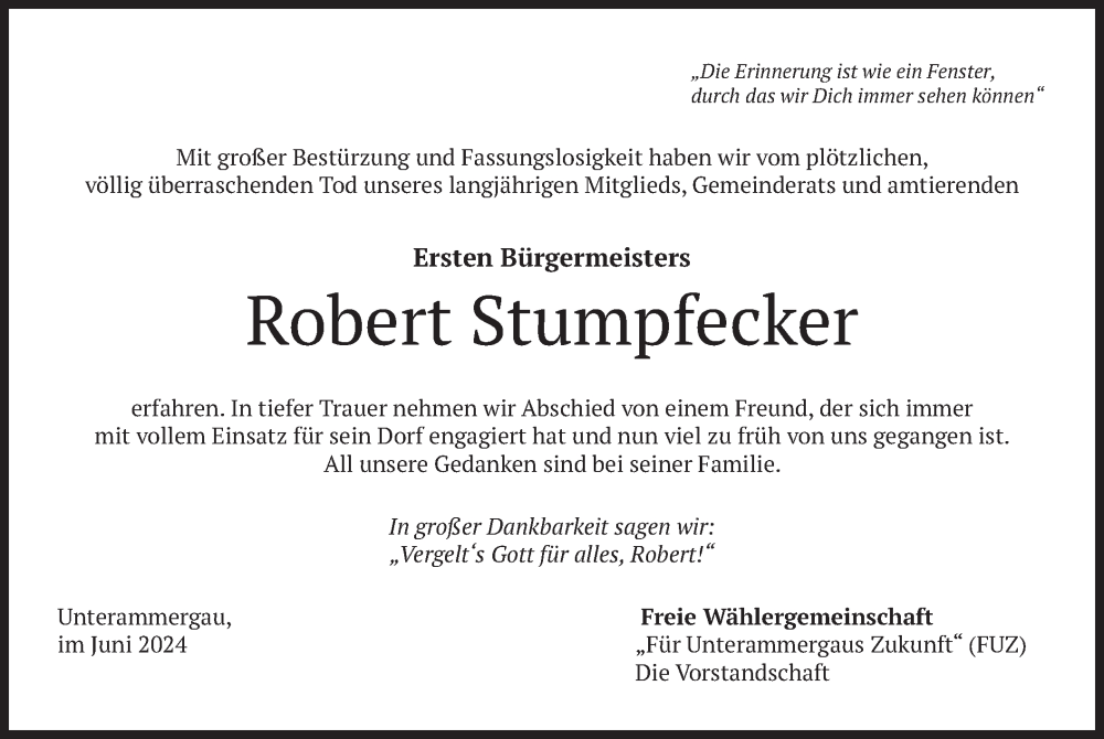  Traueranzeige für Robert Stumpfecker vom 15.06.2024 aus merkurtz