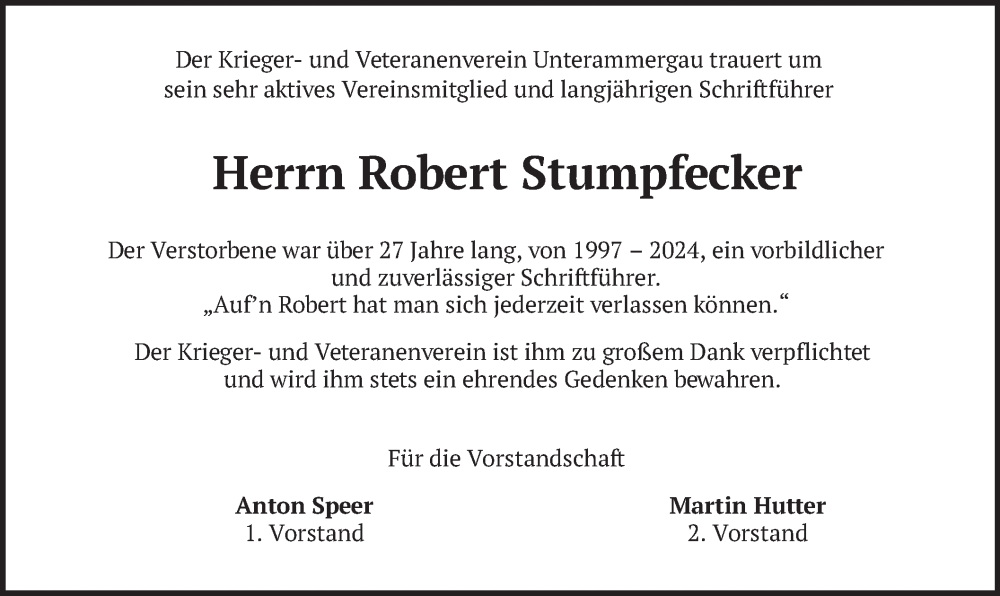  Traueranzeige für Robert Stumpfecker vom 15.06.2024 aus merkurtz