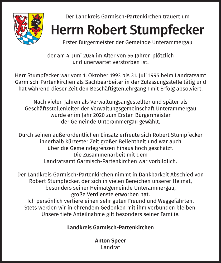  Traueranzeige für Robert Stumpfecker vom 15.06.2024 aus merkurtz