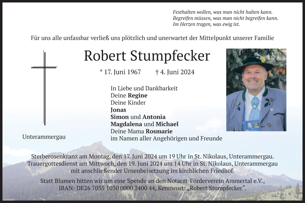  Traueranzeige für Robert Stumpfecker vom 15.06.2024 aus merkurtz