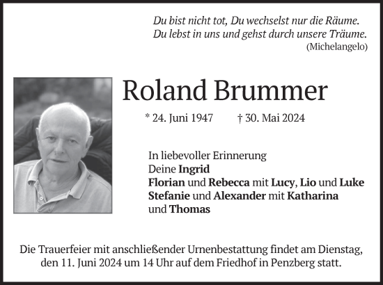 Traueranzeige von Roland Brummer von Das Gelbe Blatt Penzberg