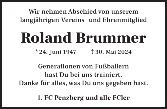 Traueranzeige von Roland Brummer von Das Gelbe Blatt Penzberg