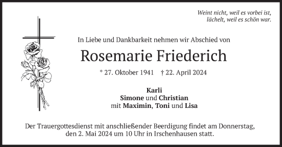 Traueranzeige von Rosemarie Friederich von merkurtz