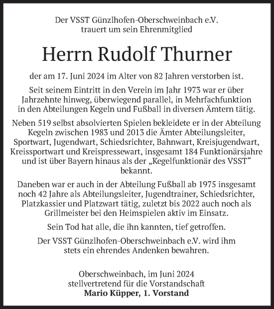 Traueranzeige von Rudolf Thurner von merkurtz