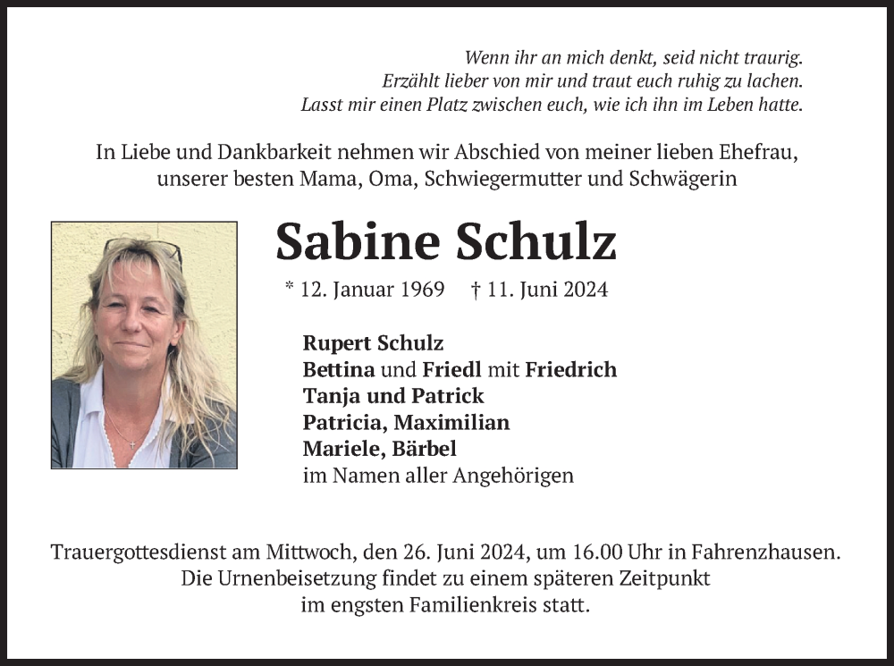  Traueranzeige für Sabine Schulz vom 22.06.2024 aus merkurtz