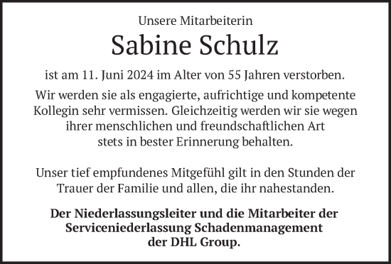 Traueranzeige von Sabine Schulz von merkurtz