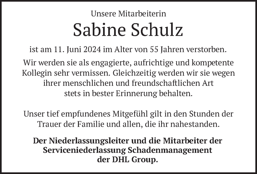  Traueranzeige für Sabine Schulz vom 22.06.2024 aus merkurtz