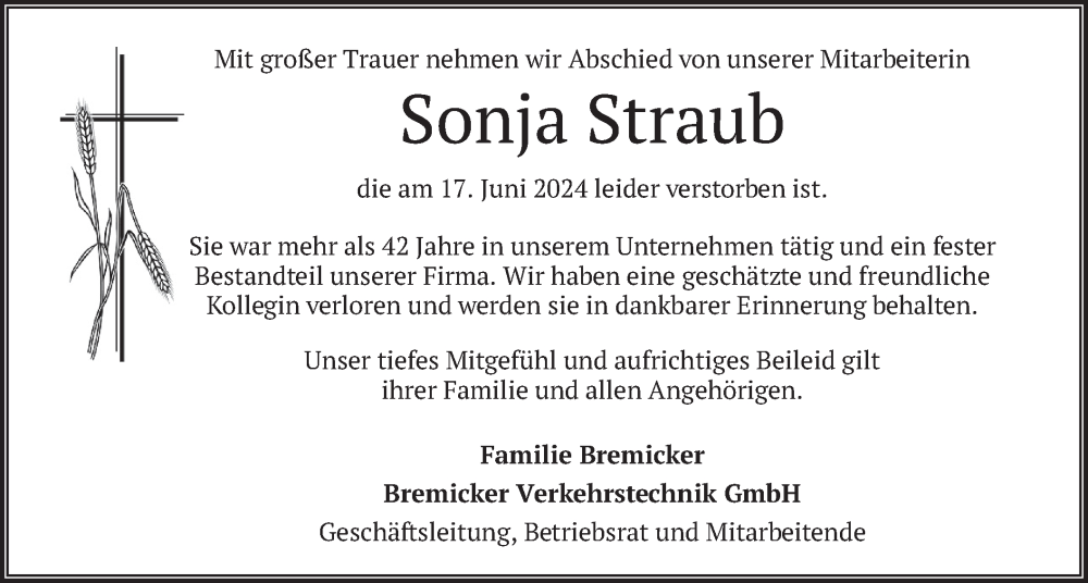  Traueranzeige für Sonja Straub vom 22.06.2024 aus merkurtz