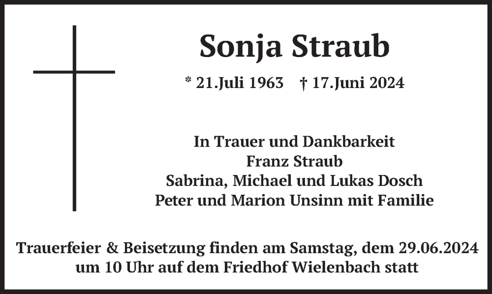  Traueranzeige für Sonja Straub vom 22.06.2024 aus merkurtz