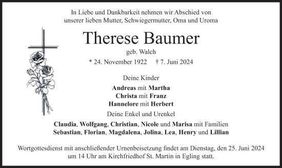 Traueranzeige von Therese Baumer von merkurtz