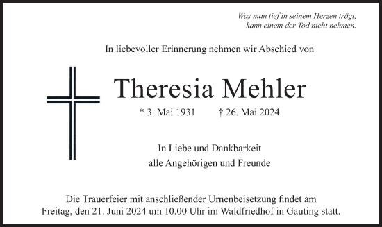 Traueranzeige von Theresia Mehler von merkurtz