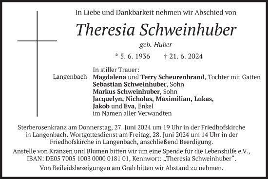 Traueranzeige von Theresia Schweinhuber von merkurtz