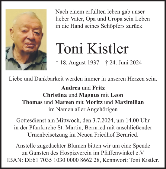 Traueranzeige von Toni Kistler von merkurtz