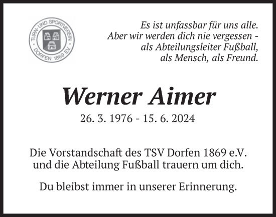 Traueranzeige von Werner Aimer von merkurtz