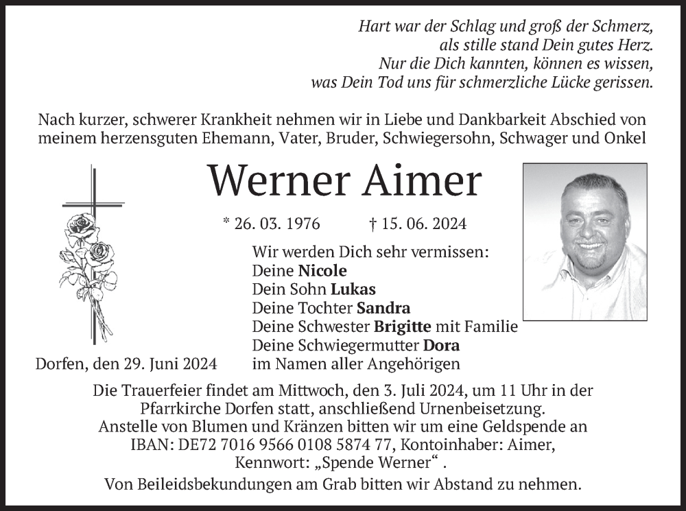 Traueranzeige für Werner Aimer vom 29.06.2024 aus merkurtz