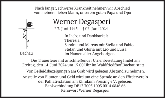 Traueranzeige von Werner Degasperi von merkurtz
