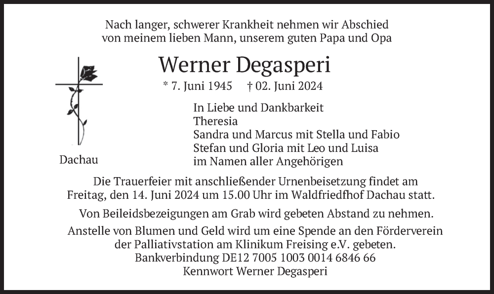  Traueranzeige für Werner Degasperi vom 08.06.2024 aus merkurtz