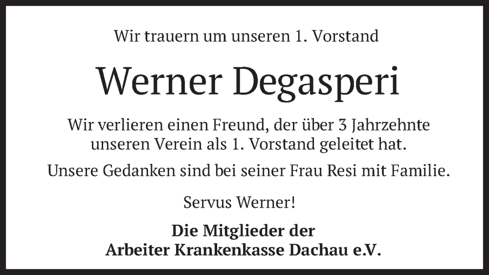  Traueranzeige für Werner Degasperi vom 08.06.2024 aus merkurtz