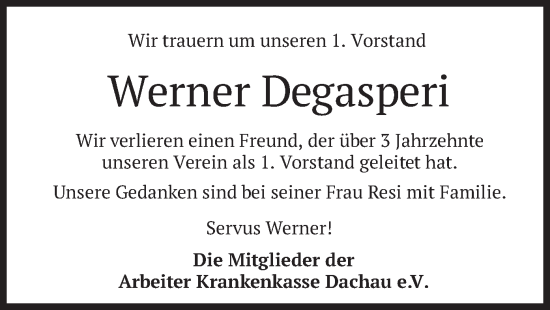 Traueranzeige von Werner Degasperi von merkurtz