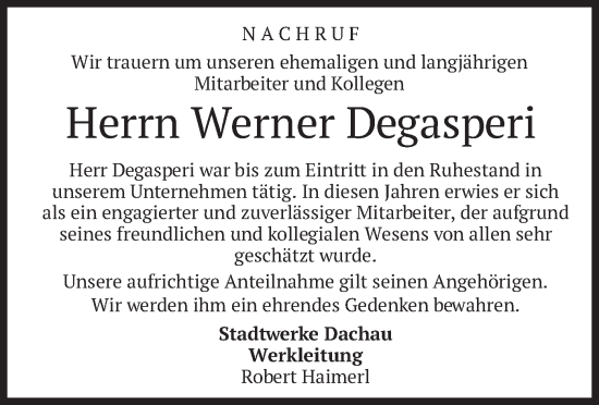 Traueranzeige von Werner Degasperi von merkurtz