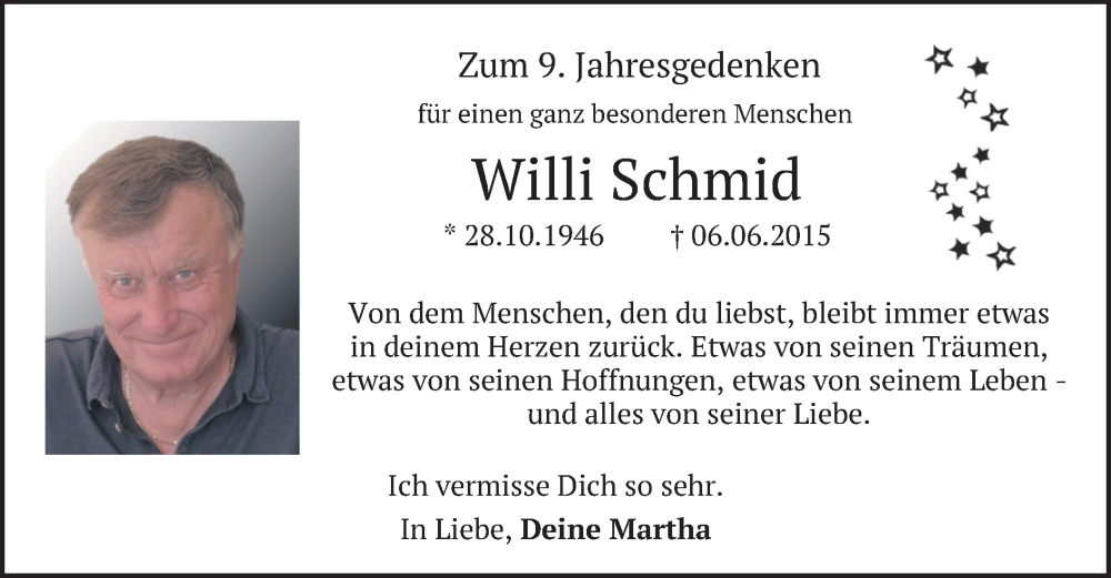  Traueranzeige für Willi Schmid vom 06.06.2024 aus merkurtz