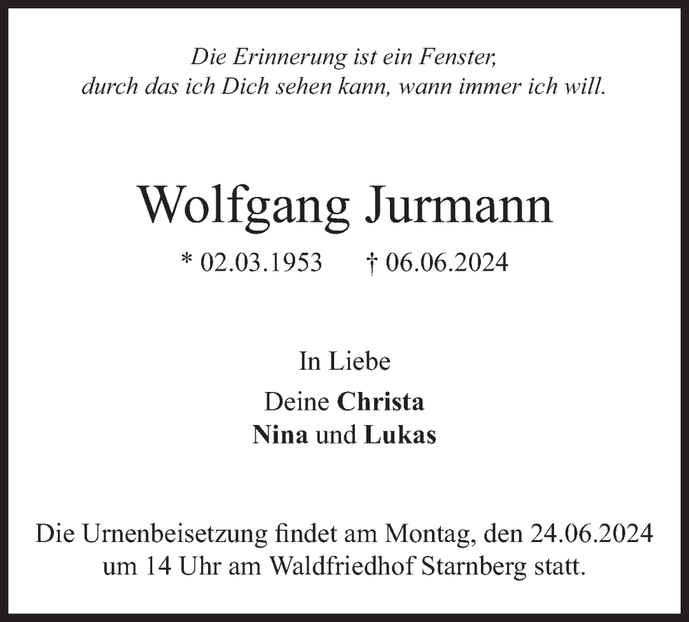  Traueranzeige für Wolfgang Jurmann vom 22.06.2024 aus merkurtz