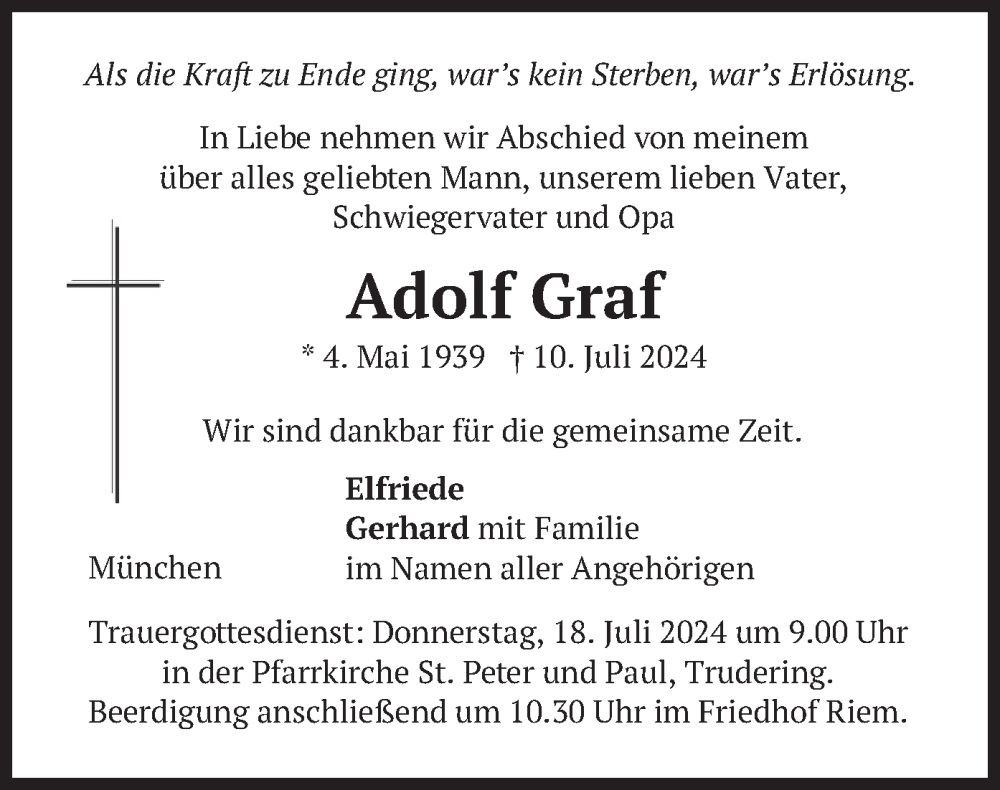  Traueranzeige für Adolf Graf vom 13.07.2024 aus merkurtz