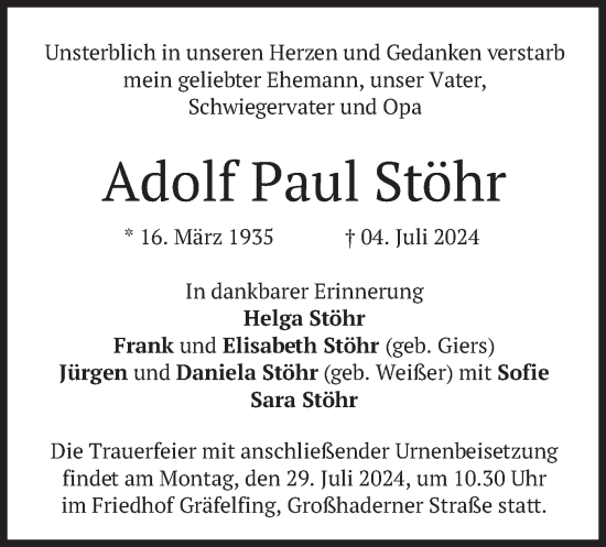 Traueranzeige von Adolf Paul Stöhr von merkurtz