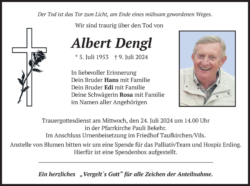  Traueranzeige für Albert Dengl vom 20.07.2024 aus merkurtz