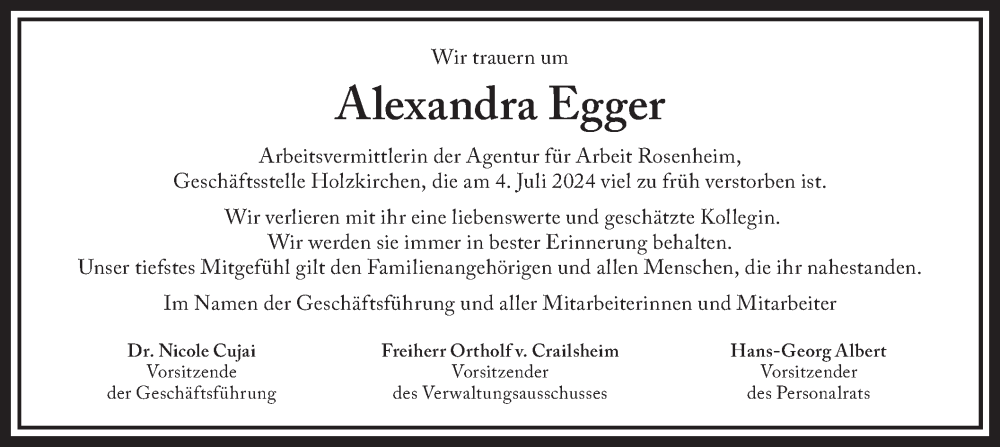  Traueranzeige für Alexandra Egger vom 17.07.2024 aus merkurtz