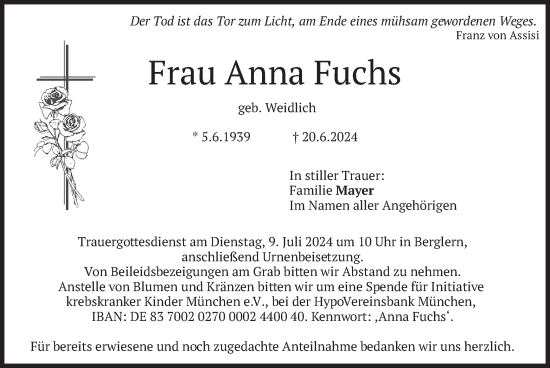 Traueranzeige von Anna Fuchs von merkurtz